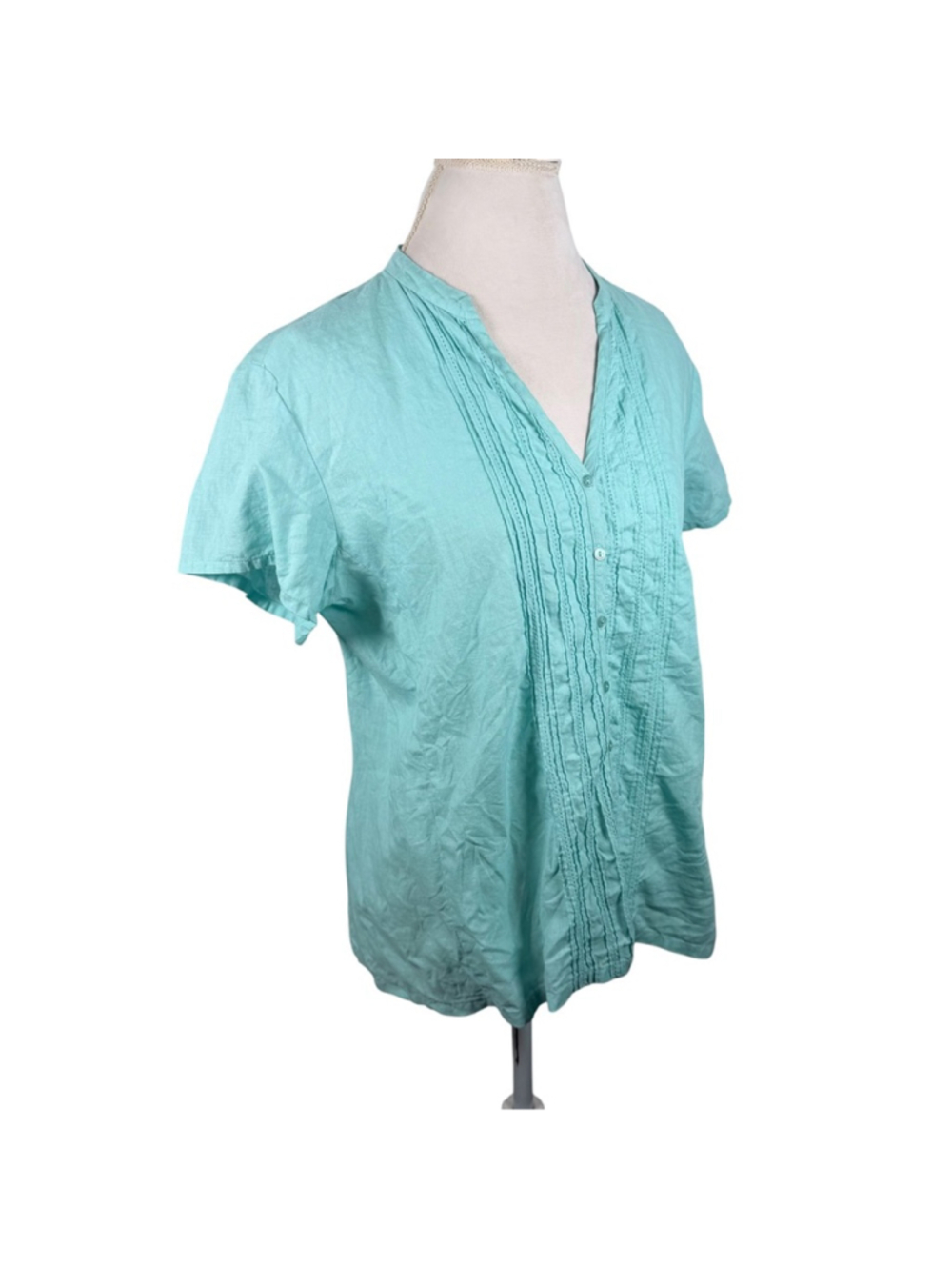 Eileen Fisher System Irish Linen Top Turquoise Pin Tuck Blouse Relaxed Size L - Picture 8 of 10